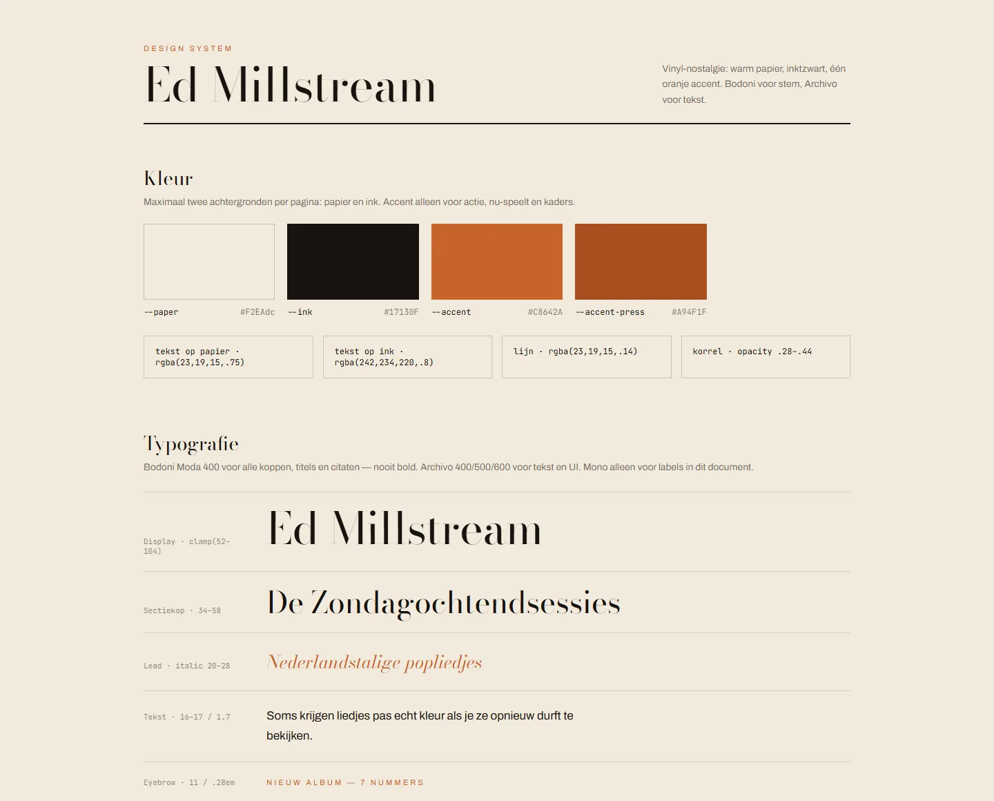 Eerste deel van het Ed Millstream design system met papier, inkt, oranje accent en typografie.