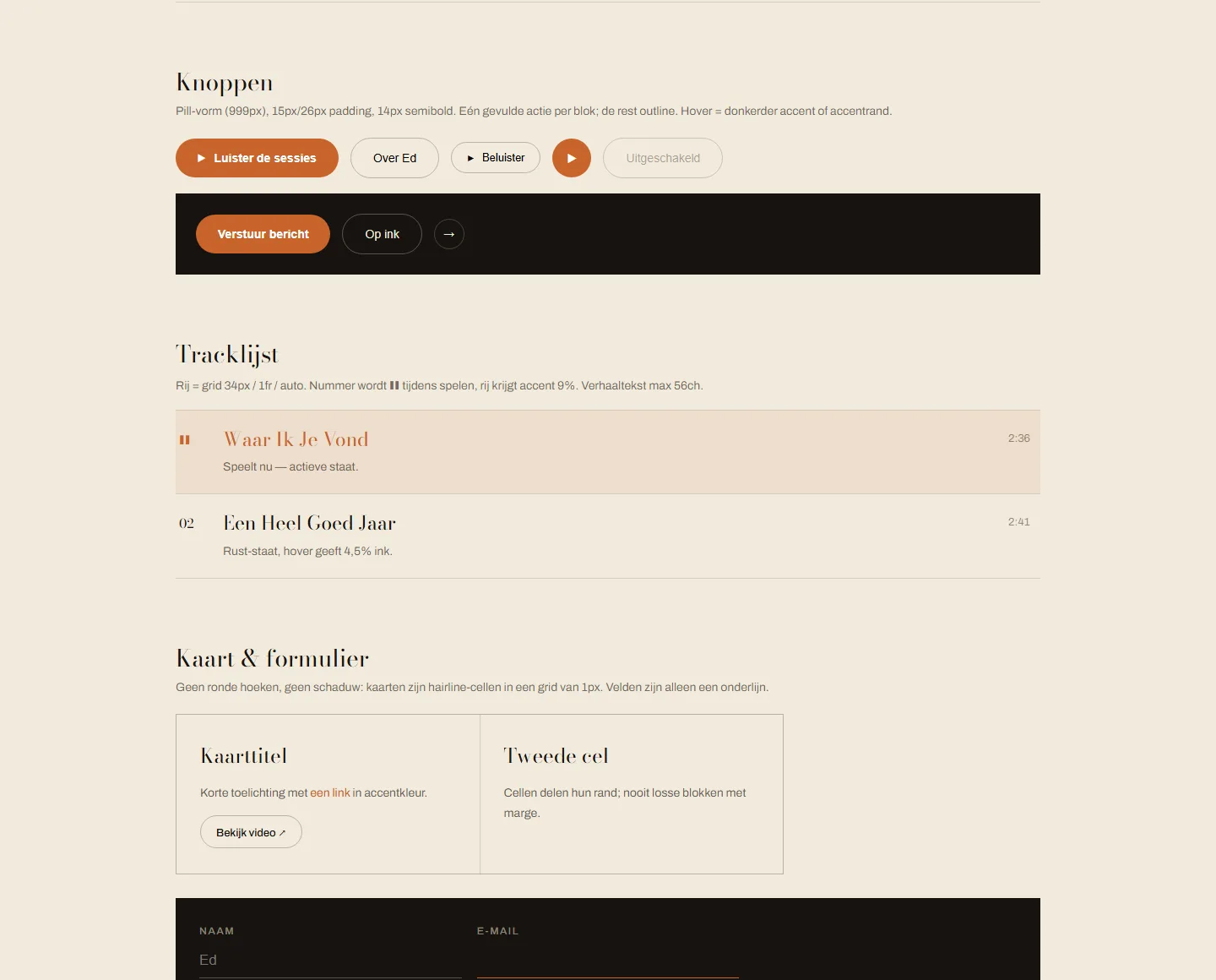 Tweede deel van het Ed Millstream design system met knoppen, tracklijst en kaarten.