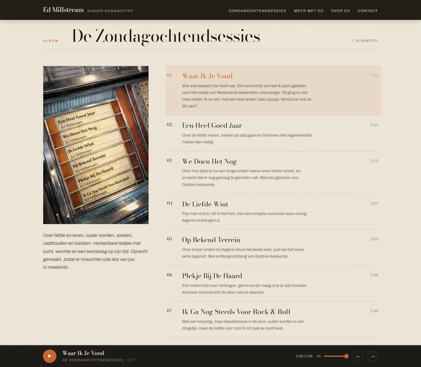 Albumsectie van de Ed Millstream-website met jukeboxbeeld, zeven liedjes en een muziekspeler aan de onderkant.