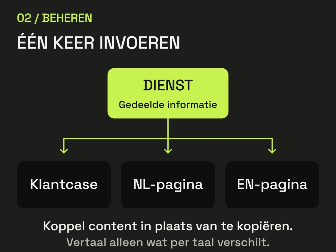 Contentmodel: één dienst is gekoppeld aan een klantcase, een Nederlandse pagina en een Engelse pagina. Gedeelde informatie wordt één keer beheerd; taalafhankelijke inhoud wordt apart vertaald.