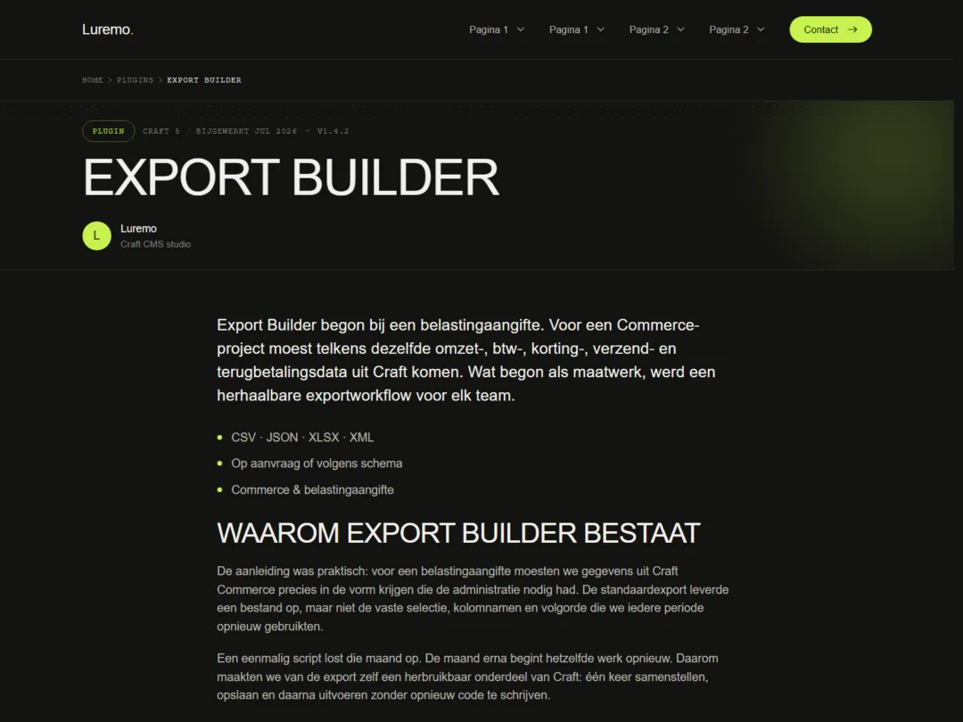 Eerdere Export Builder-pagina met een smalle tekstkolom in het midden en brede lege marges aan beide kanten.