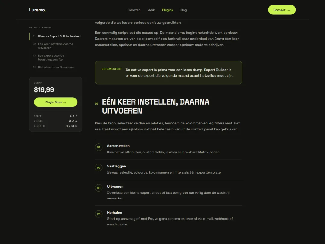 Lange Luremo-pluginpagina met links een sticky inhoudsopgave en prijskaart en rechts genummerde tekstsecties.