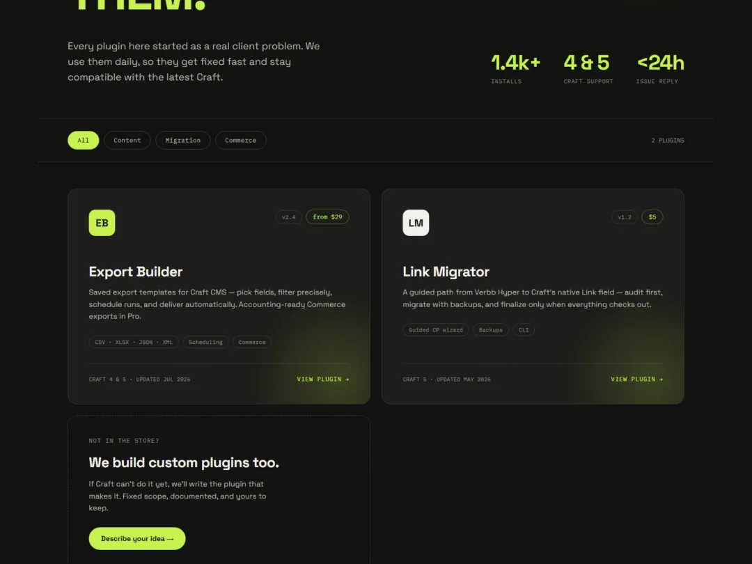 Donker pluginoverzicht van Luremo met kaarten voor Export Builder en Link Migrator en heldere lime details.
