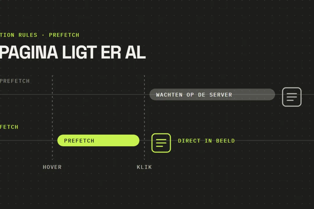Twee tijdlijnen. Zonder prefetch begint het wachten op de server pas na de klik; met prefetch haalt de browser de pagina al op tijdens de hover, zodat ze na de klik direct in beeld staat.