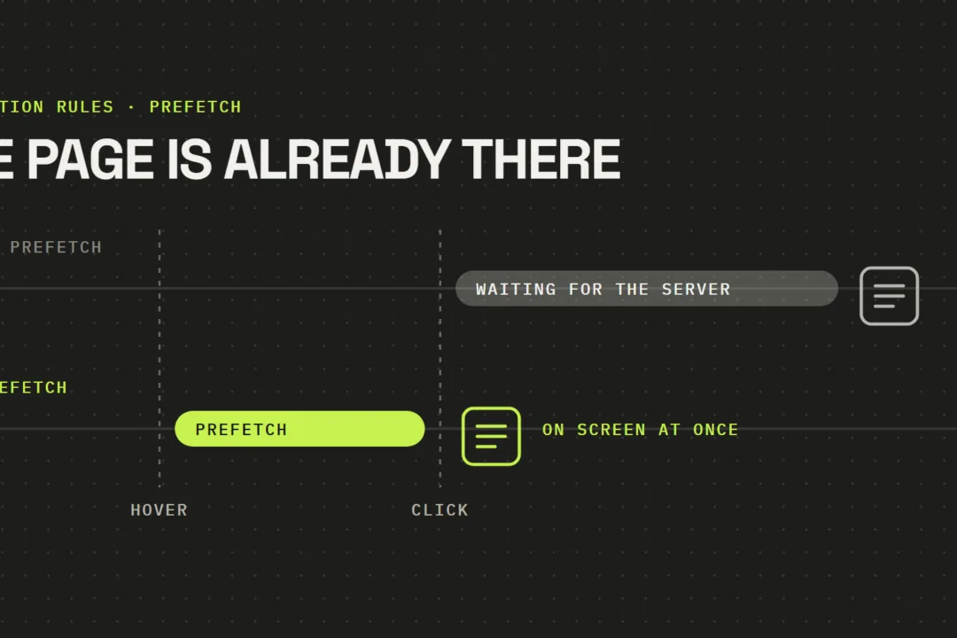 Two timelines. Without prefetch the wait for the server only starts after the click; with prefetch the browser fetches the page during the hover, so it is on screen at once after the click.