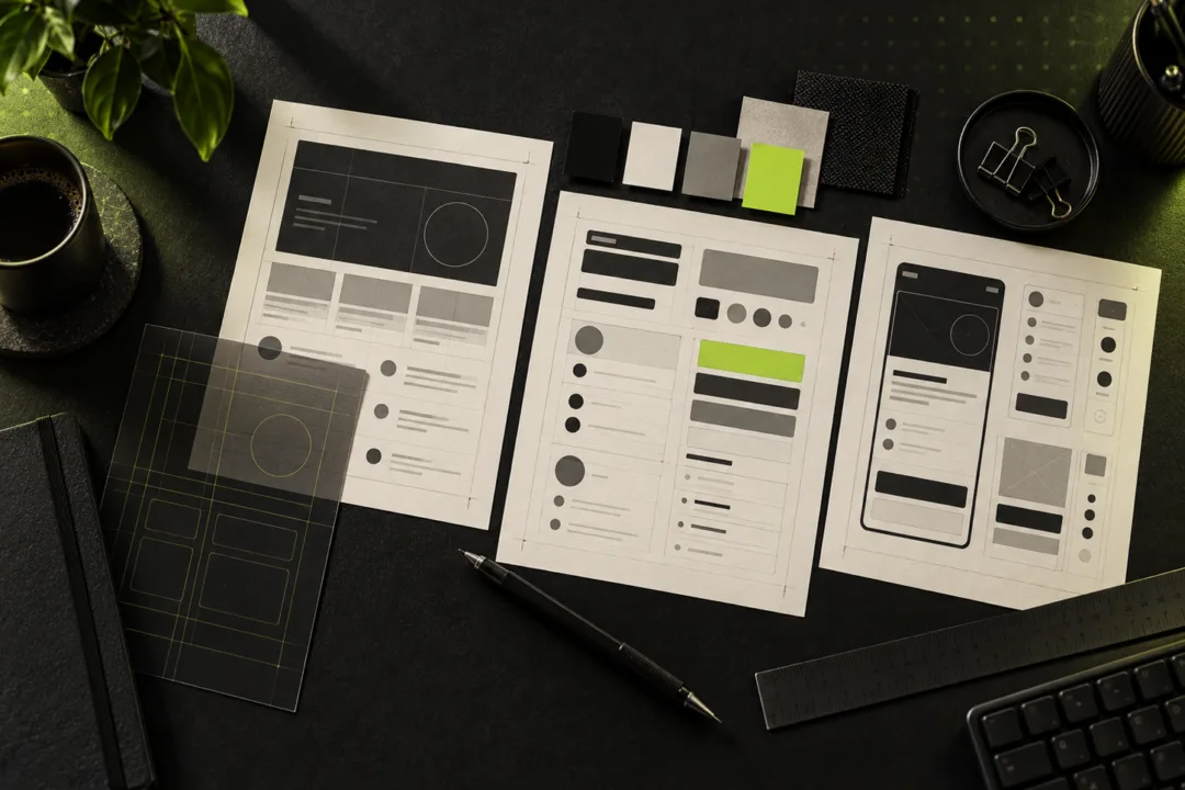 Bovenaanzicht van een donkere werktafel met papieren websitewireframes, gridfolies en kleurstalen in zwart, botwit, grijs en lime.