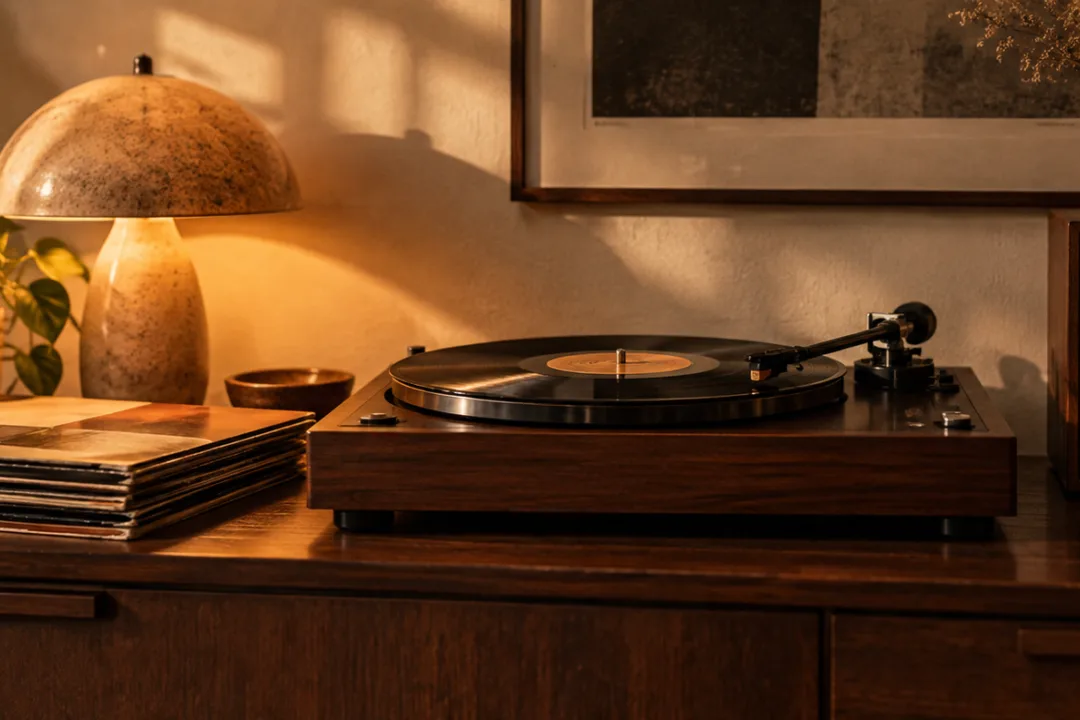 Platenspeler met vinylplaat op een donkere houten kast, naast platenhoezen en een warme lamp.